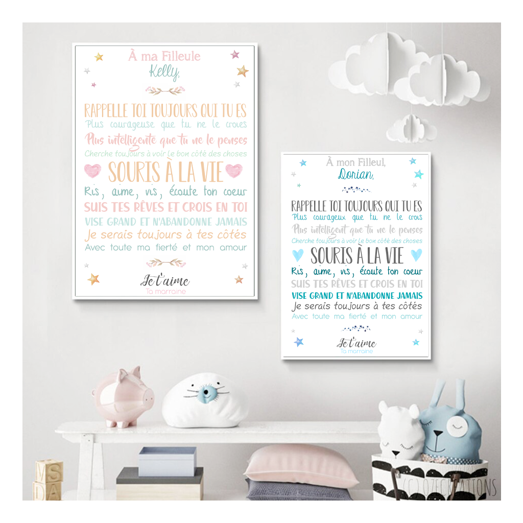 Affiche Baptême personnalisée - À Ma Filleule / À Mon Filleul