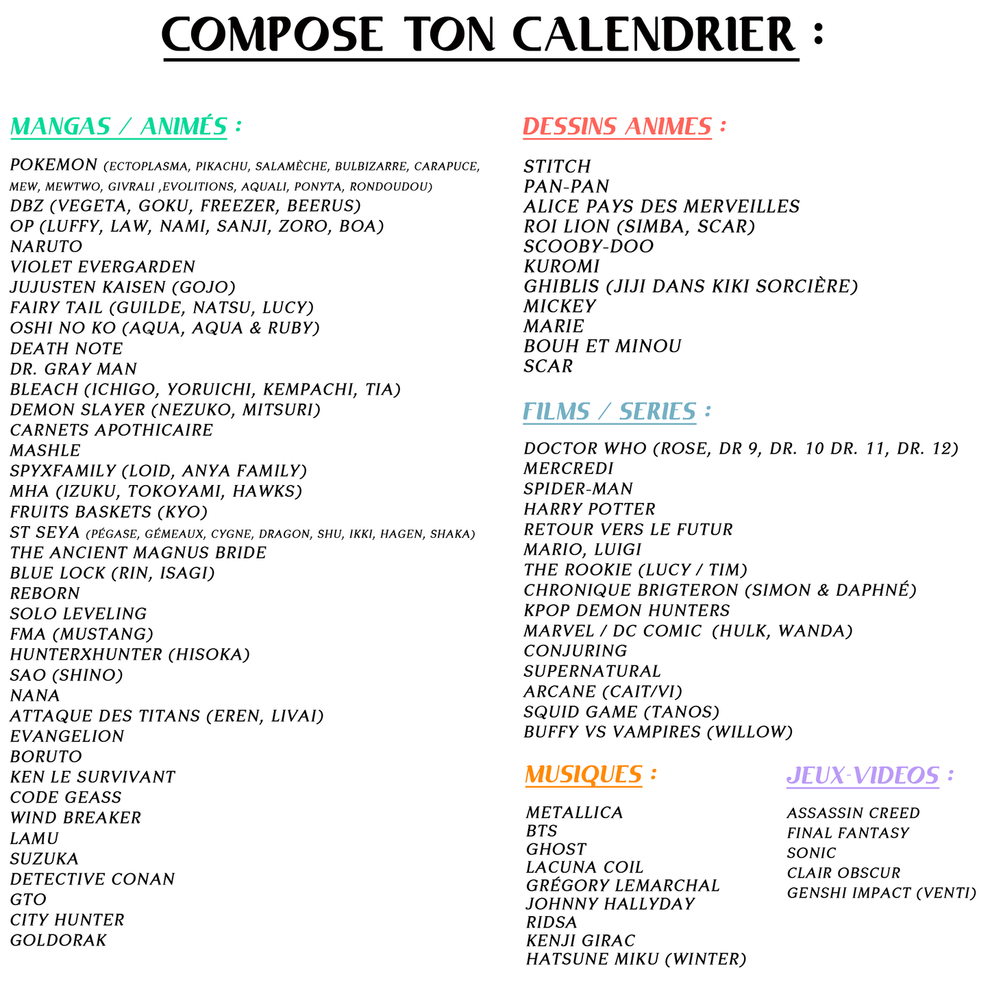 Calendriers 2026 - Voyage en Pop Culture de OzeCreations