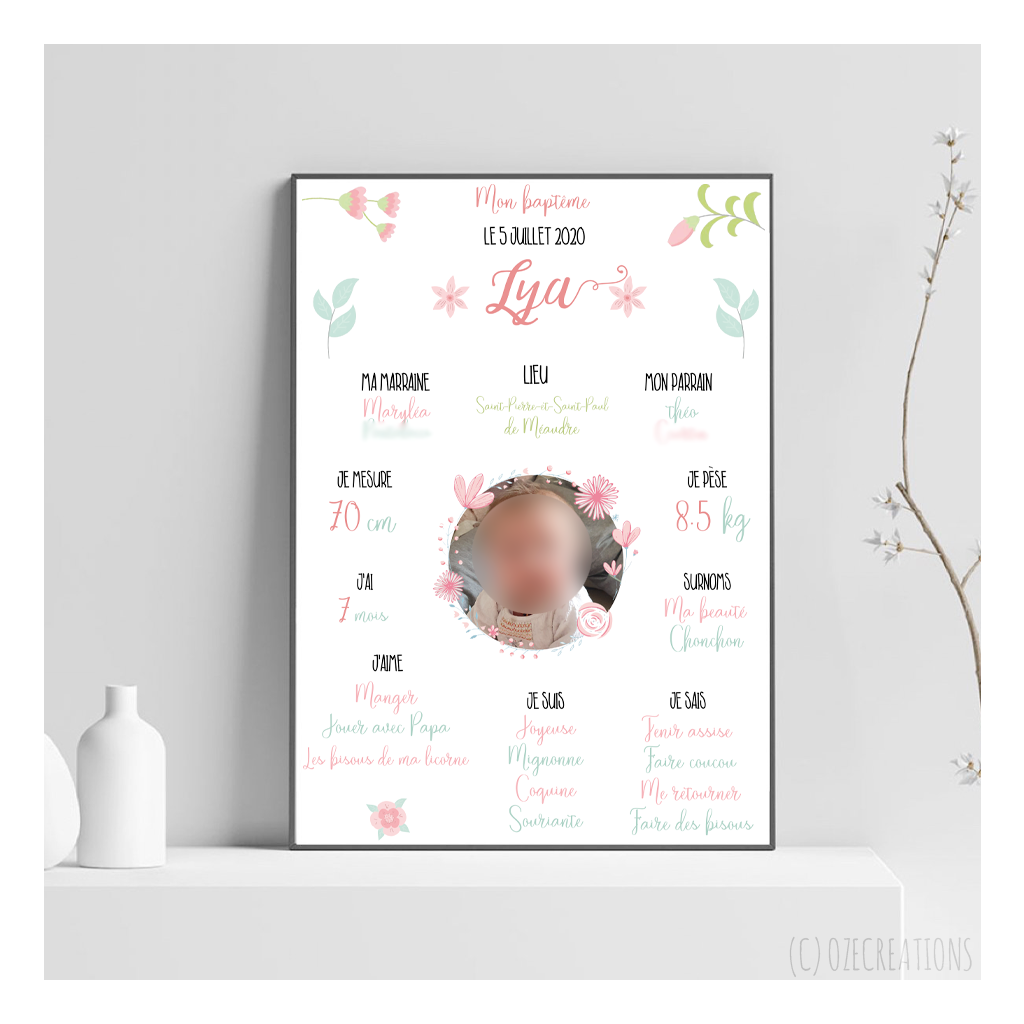 Affiche Baptême personnalisée - Thème Fleurs Pastel