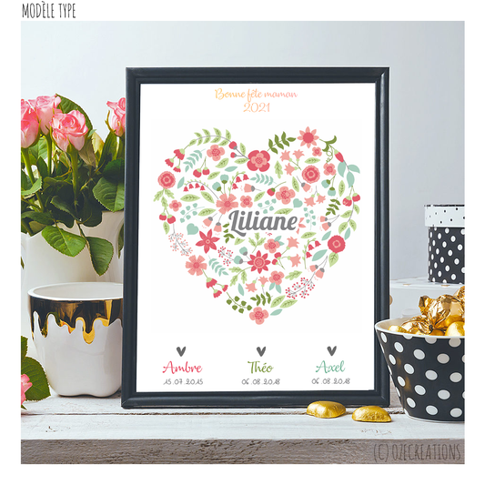 Affiche personnalisée - Cœur Fleurs Maman